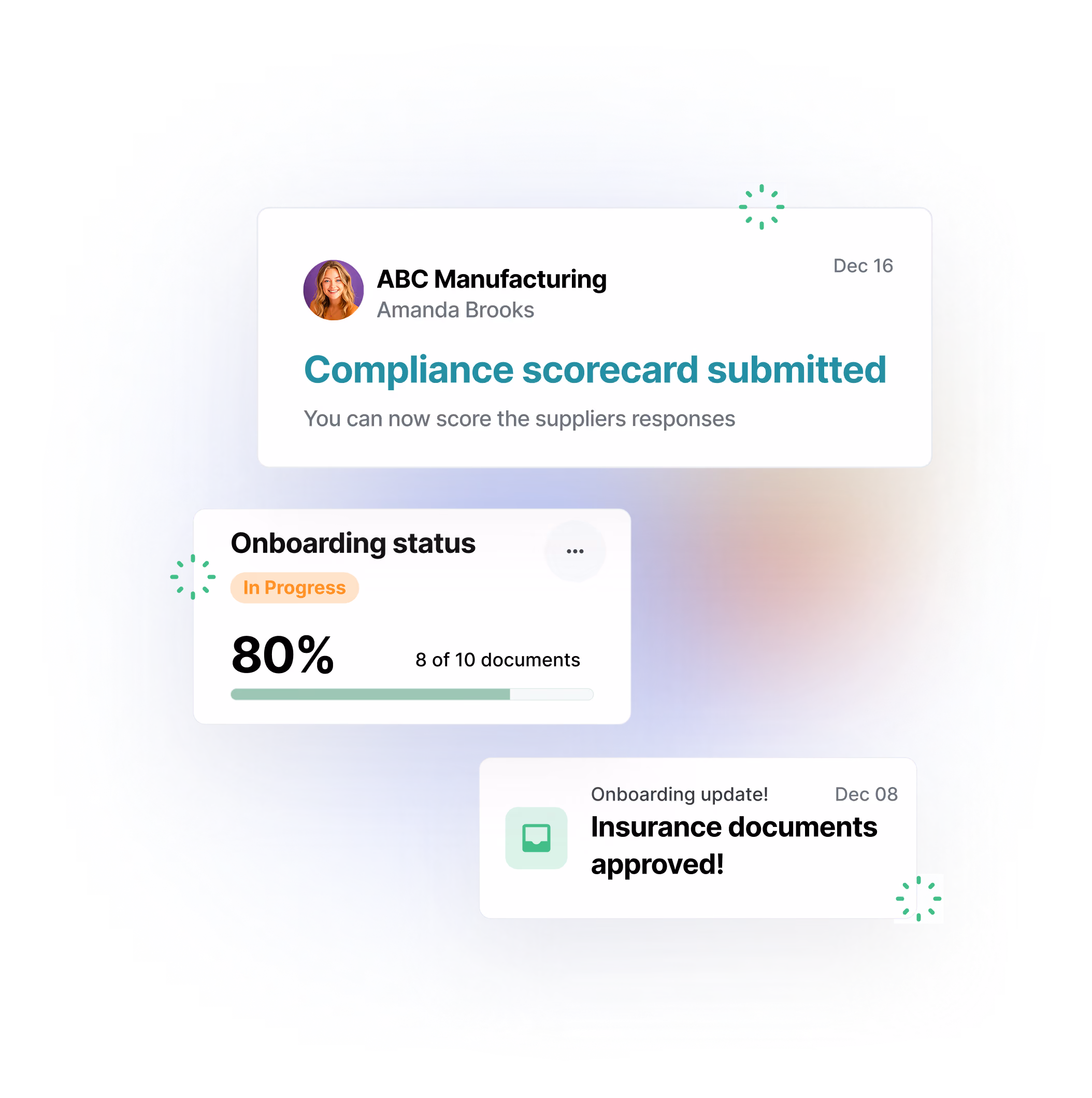 Dashboard showing ABC Manufacturing compliance scorecard submitted by Amanda Brooks, onboarding status at 80% with 8 of 10 documents completed, and insurance documents approved update.