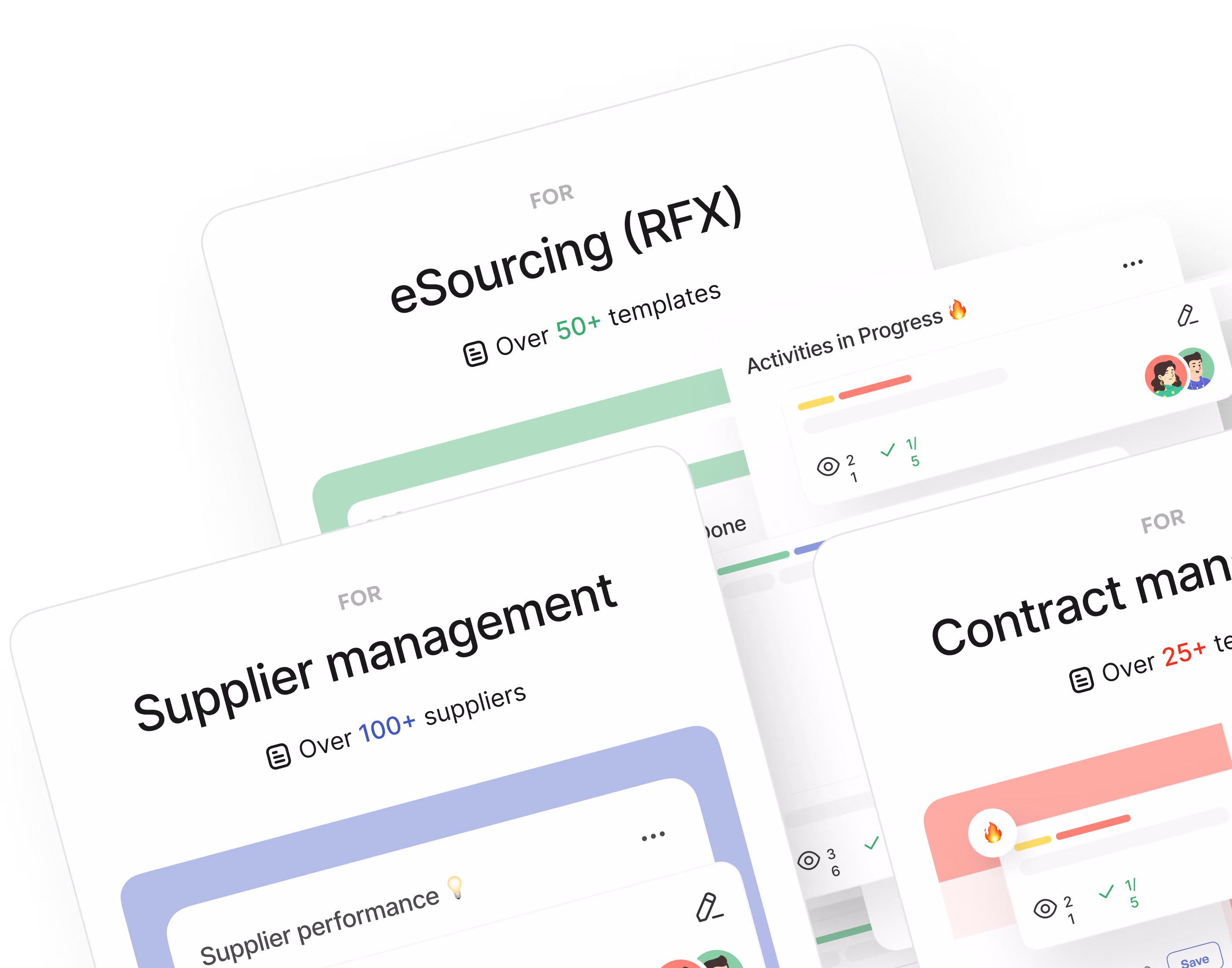 Three overlapping cards showing eSourcing with over 50 templates, Supplier management with over 100 suppliers, and Contract management with over 25 templates.