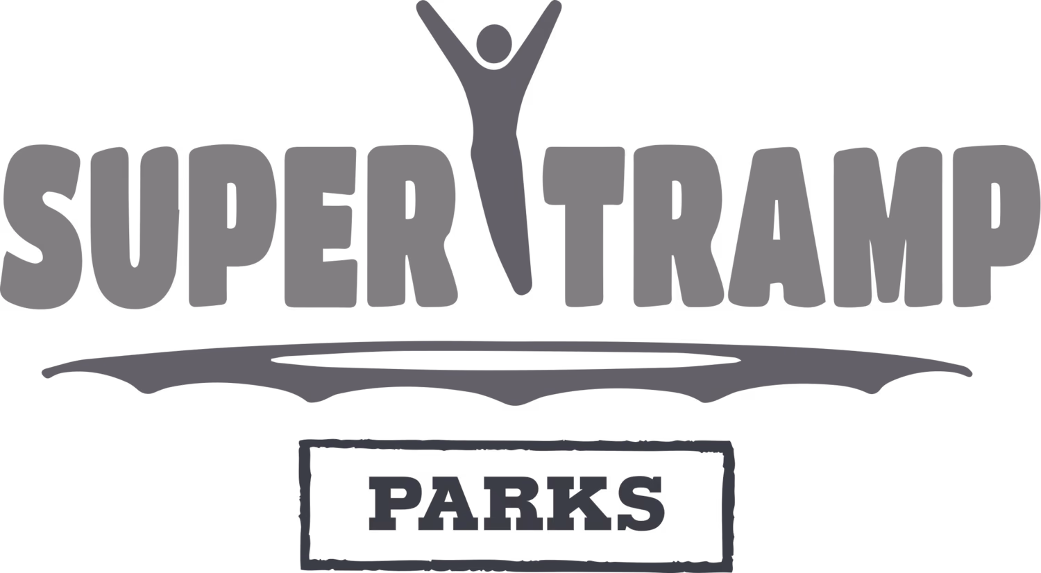 Super Tramp Parks logo with stylized figure above the text and a trampoline graphic underneath.