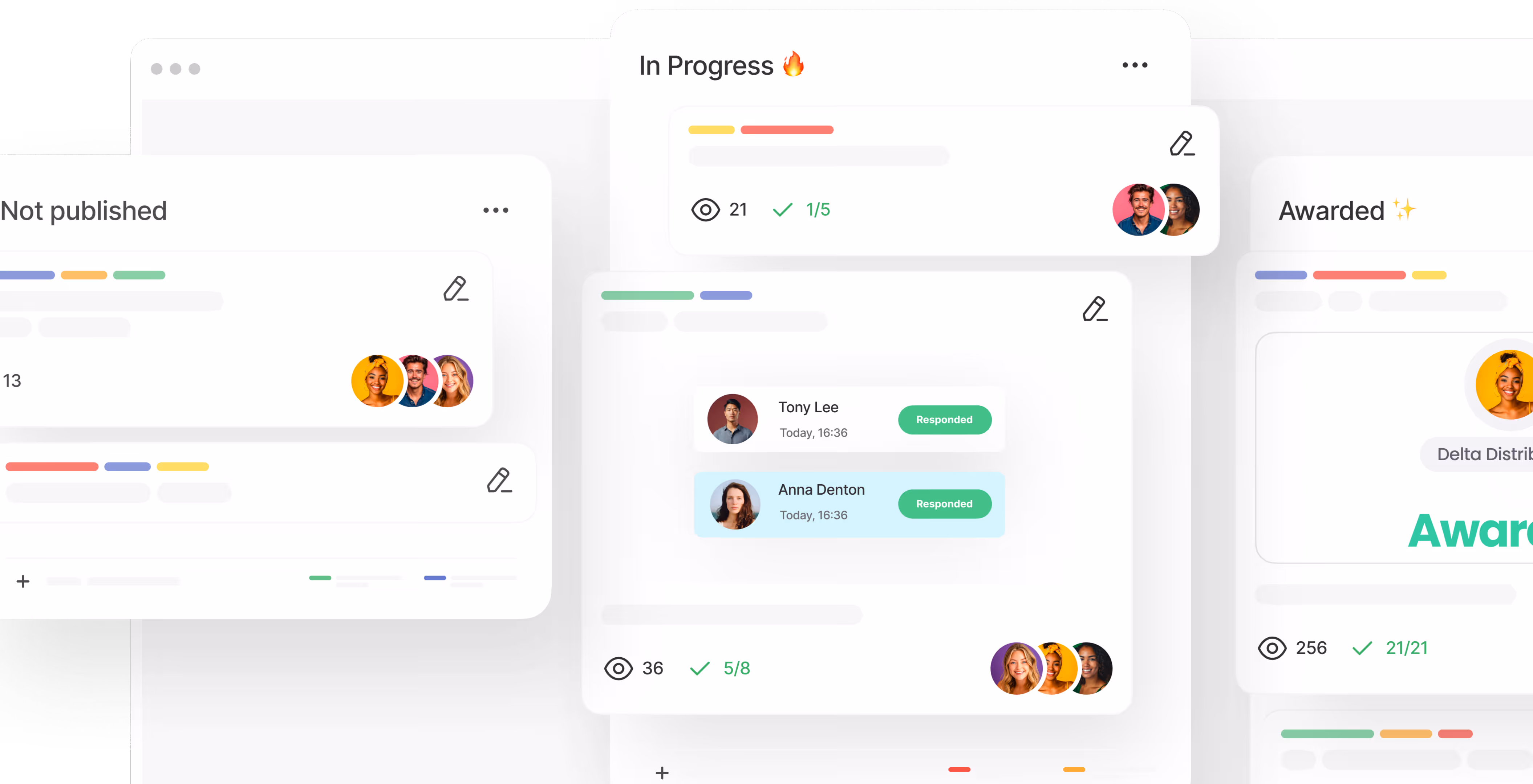 User interface showing three task cards labeled Not published, In Progress with fire emoji, and Awarded with sparkles, each displaying colored status bars, avatars, response statuses, and view and completion counts.
