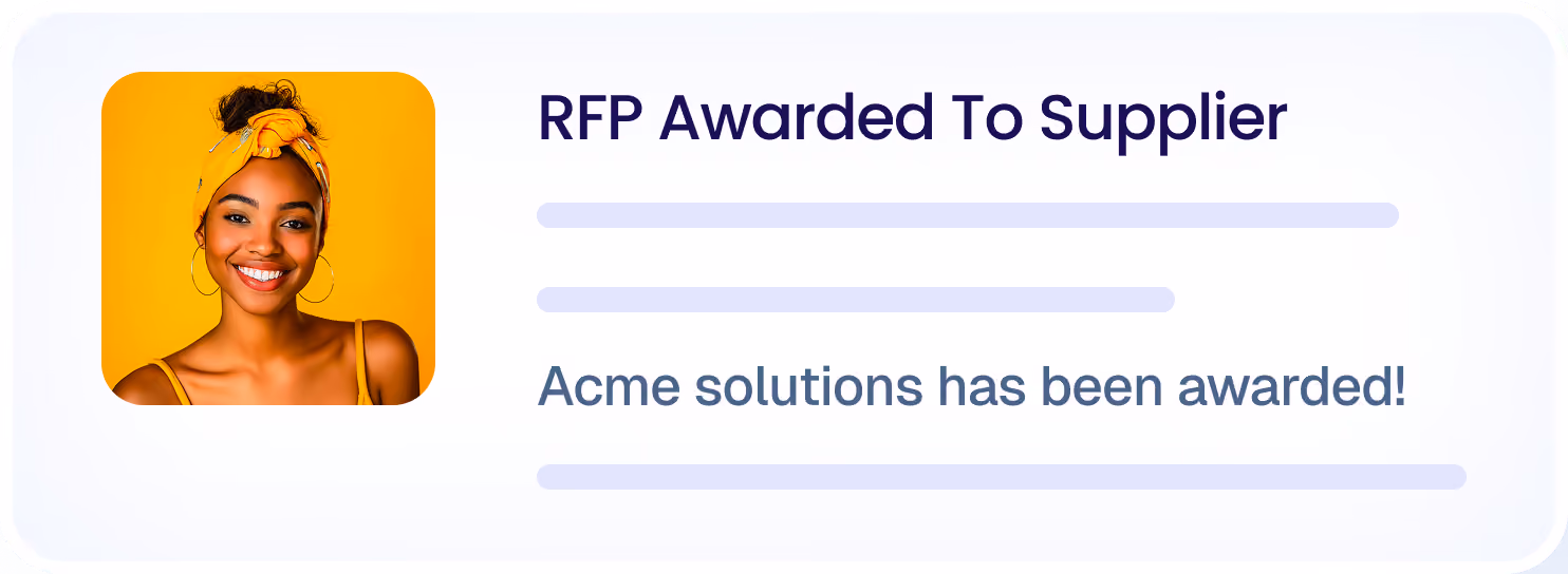 Smiling woman with a yellow headband and hoop earrings on an orange background beside text announcing RFP awarded to supplier Acme solutions.