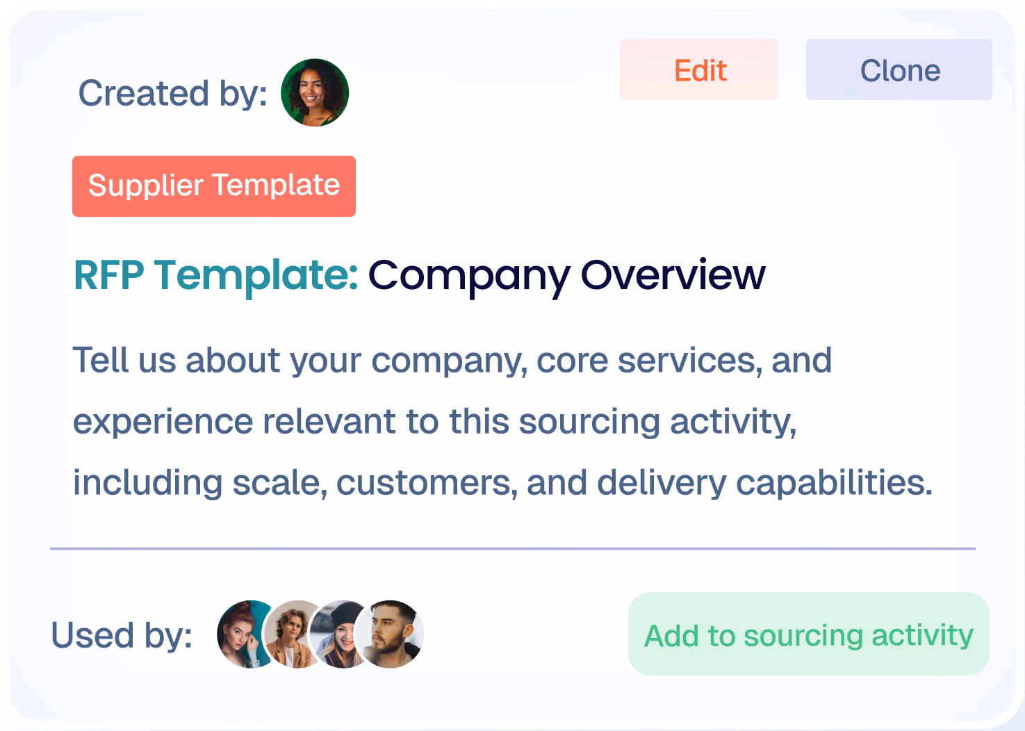 RFP template titled Company Overview labeled Supplier Template, showing creator's photo, description of company and services, user avatars, and buttons to Edit, Clone, and Add to sourcing activity.