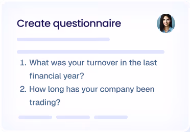 Interface for creating a questionnaire with two questions: company turnover last financial year and how long the company has been trading, showing a user avatar.