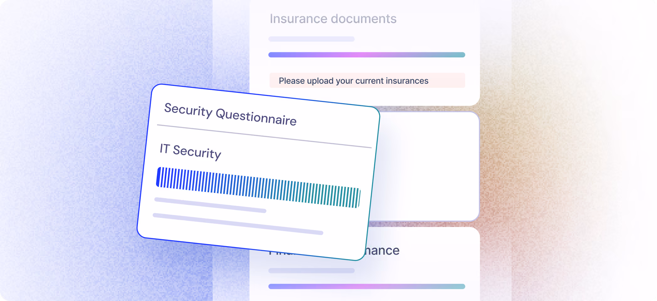 Digital dashboard showing cards for Insurance documents, Security Questionnaire with IT Security progress bar, and Financial Governance progress bar on a gradient background.