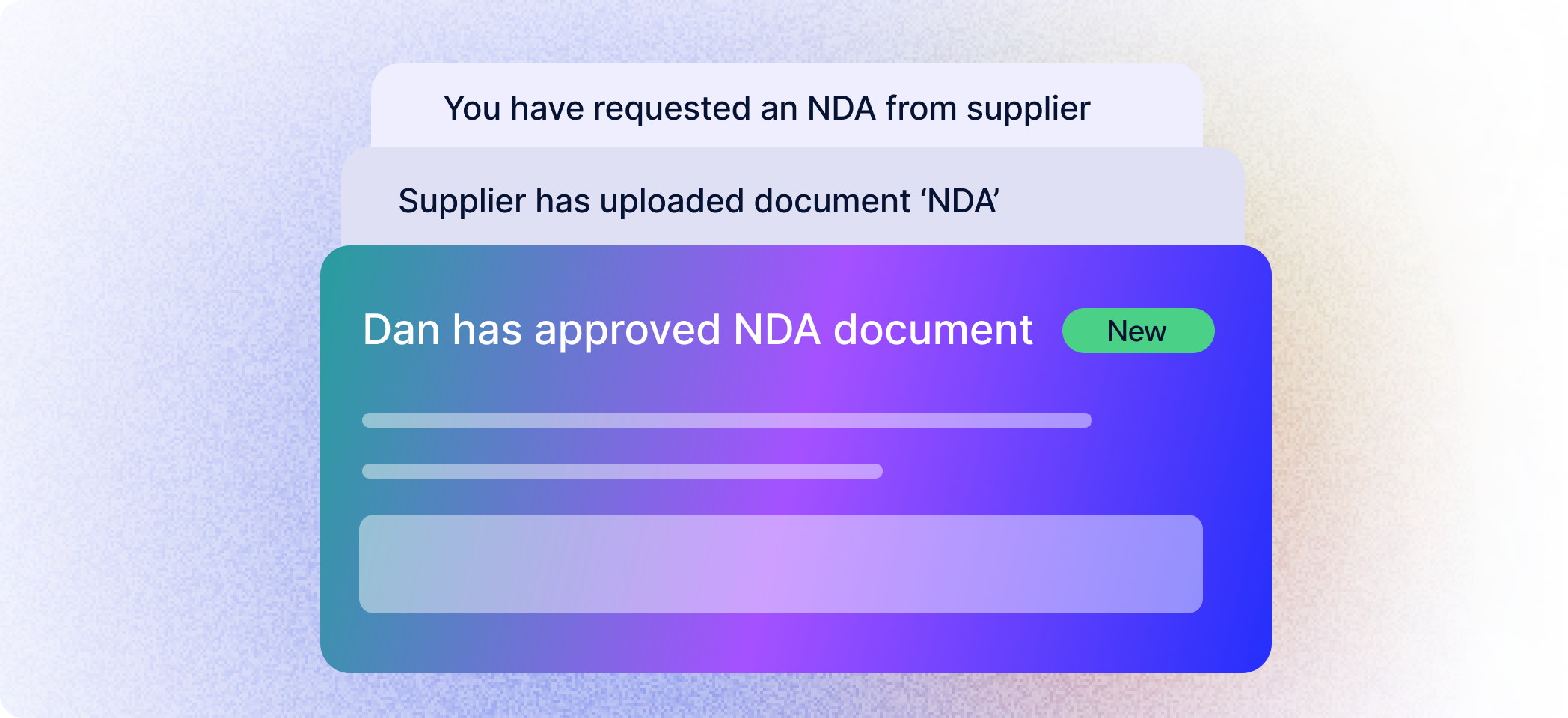 Notification panel showing NDA request steps: requested from supplier, supplier uploaded document, Dan approved NDA document marked as New.