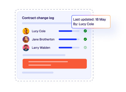 User interface showing a contract change log with three user avatars and names, progress bars, check marks, and a tooltip stating last update date and user.