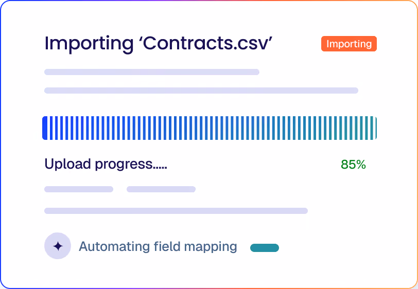 Interface showing the importing progress of 'Contracts.csv' with a blue progress bar at 85% and a note indicating automating field mapping.