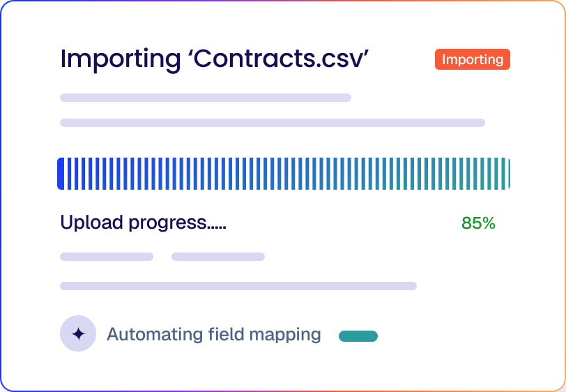 Interface showing the importing progress of 'Contracts.csv' with a blue progress bar at 85% and a note indicating automating field mapping.