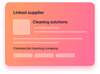 Card showing a linked supplier named Cleaning solutions, described as a commercial cleaning company, with placeholder text and buttons.