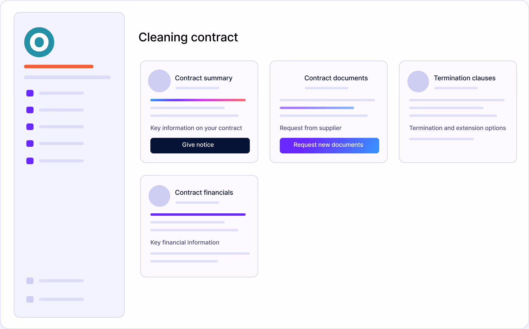 Dashboard interface for a cleaning contract with sections for contract summary, contract documents, termination clauses, and contract financials, each with brief details and action buttons.