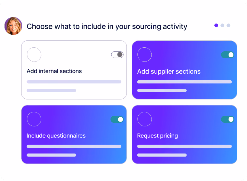 Interface asking to choose sourcing activity options with toggles for adding internal sections (off), supplier sections (on), including questionnaires (on), and requesting pricing (on).