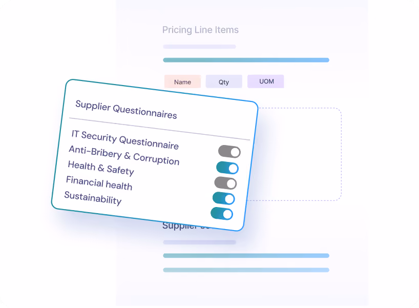 User interface displaying pricing line items with a pop-up panel of supplier questionnaires including toggles for IT security, anti-bribery & corruption, health & safety, financial health, and sustainability.