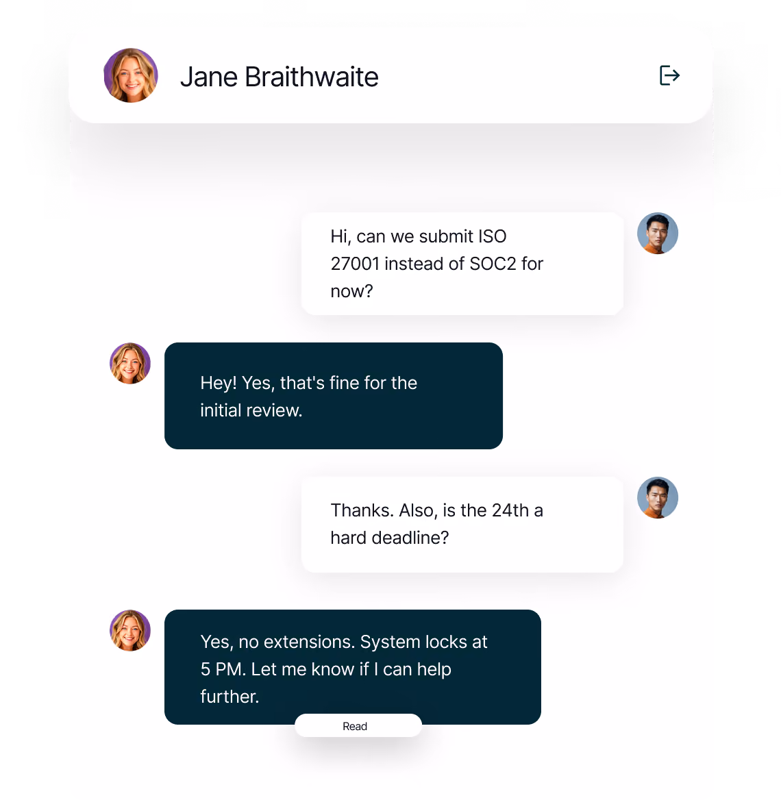 Chat interface between two users discussing submitting ISO 27001 instead of SOC2, deadline on the 24th, and system locking at 5 PM with no extensions.
