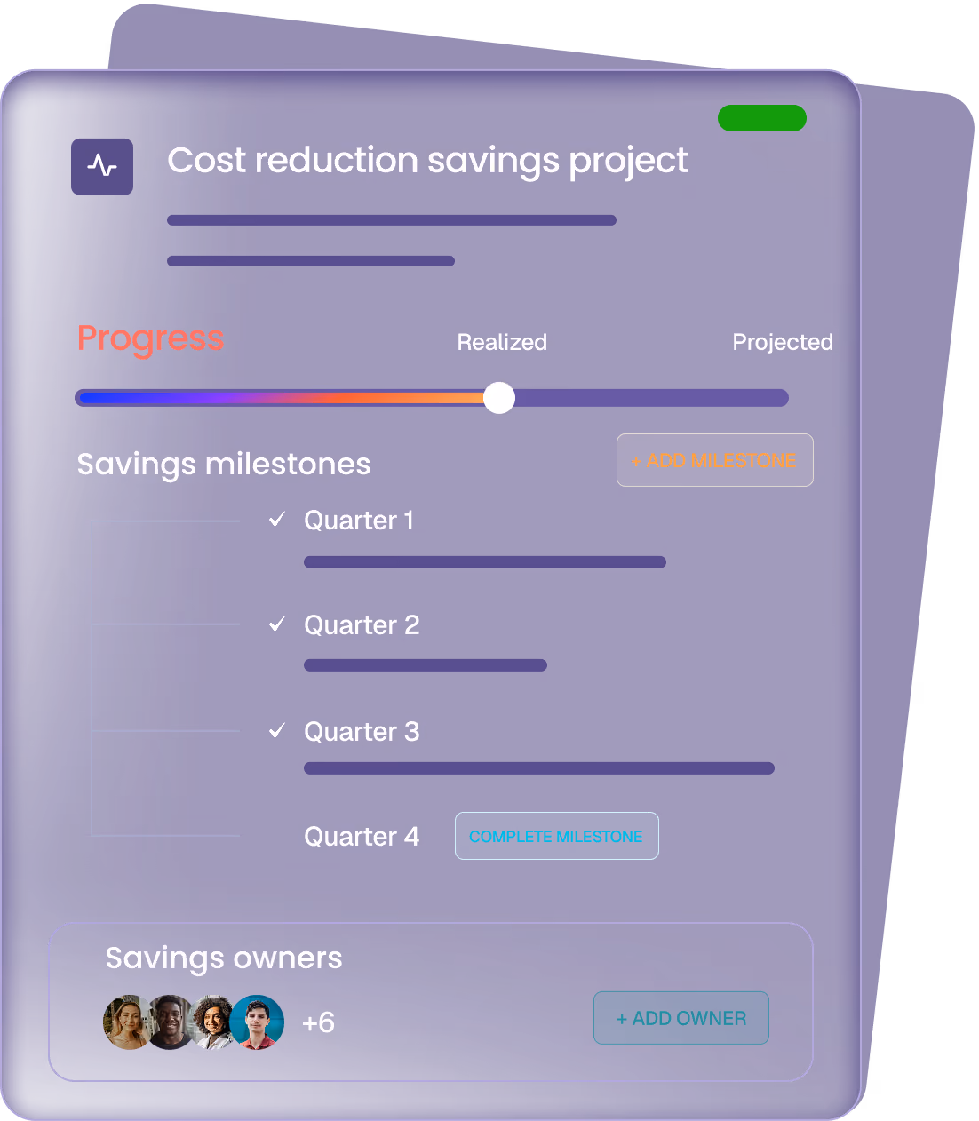 Cost reduction savings project dashboard showing progress bar, savings milestones for four quarters, and savings owners with profile pictures and add owner button.
