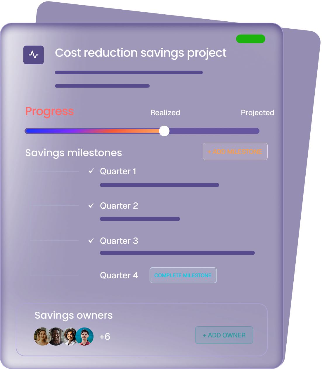 Cost reduction savings project dashboard showing progress bar, savings milestones for four quarters, and savings owners with profile pictures and add owner button.