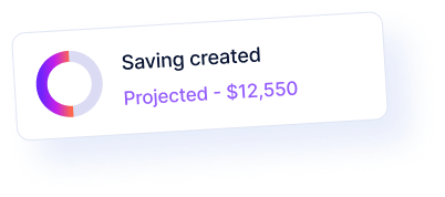 Card showing a circular progress chart with text 'Saving created' and 'Projected - $12,550' in purple.