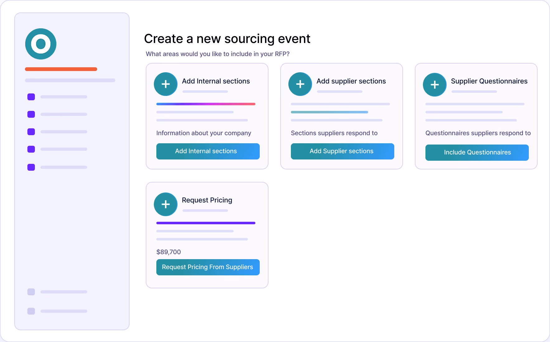 User interface screen for creating a new sourcing event with options to add internal sections, supplier sections, supplier questionnaires, and request pricing from suppliers.