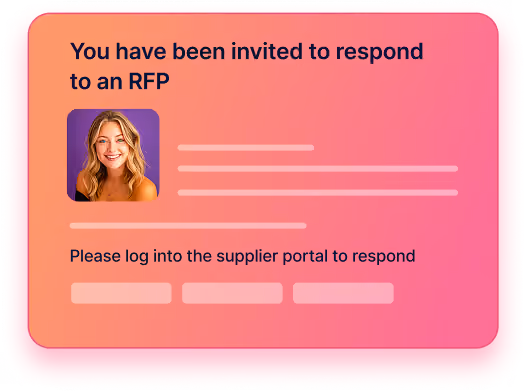 Notification card with a smiling woman’s photo and text inviting to respond to an RFP, instructing to log into the supplier portal.