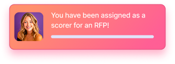 Notification card with a smiling woman’s photo and text stating assignment as a scorer for an RFP, with a progress bar below.