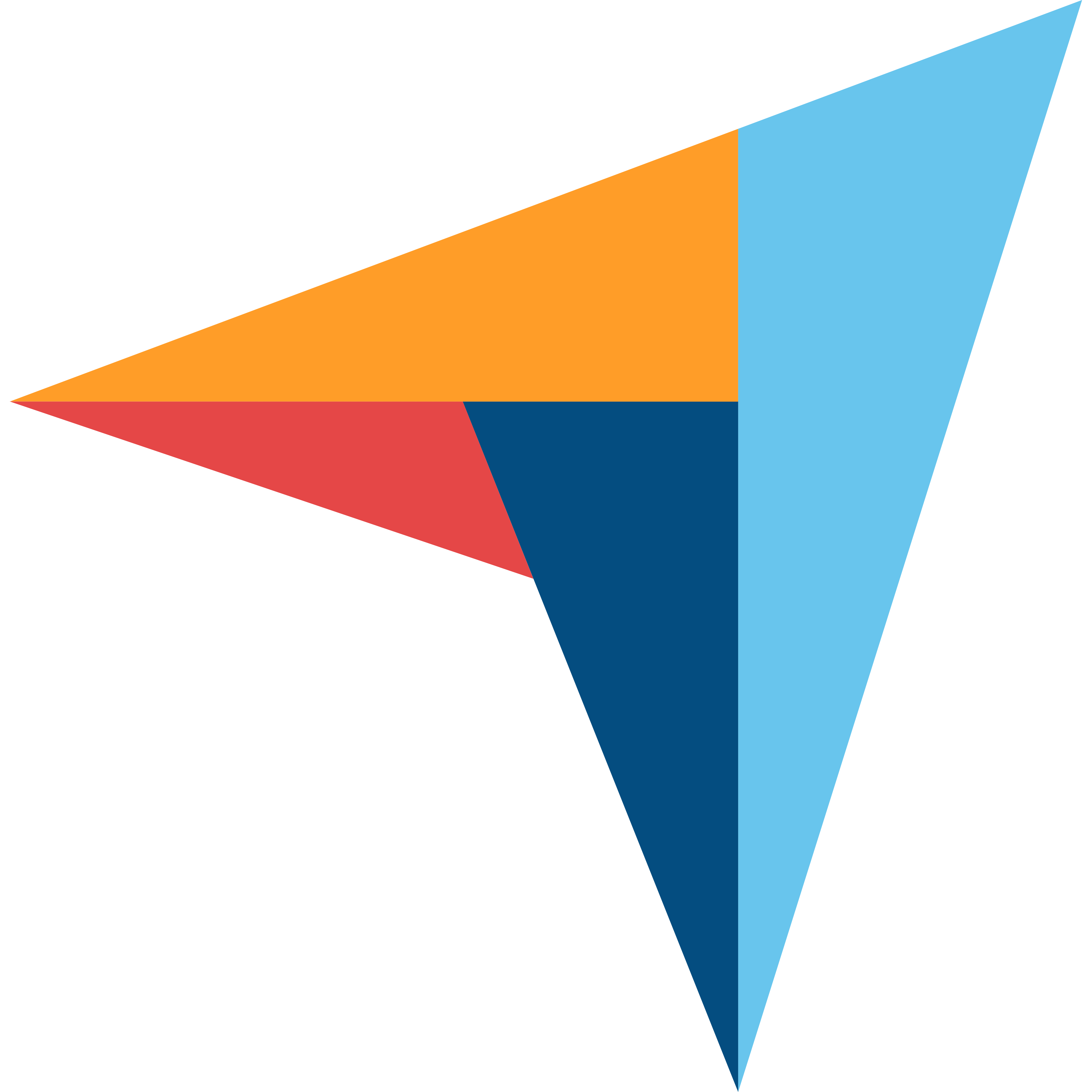 Abstract geometric design with overlapping triangles in orange, red, dark blue, and light blue on a black background.