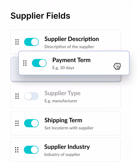 User interface showing Supplier Fields with toggles for Supplier Description, Payment Term, Supplier Type, Shipping Term, and Supplier Industry, with Payment Term being dragged.