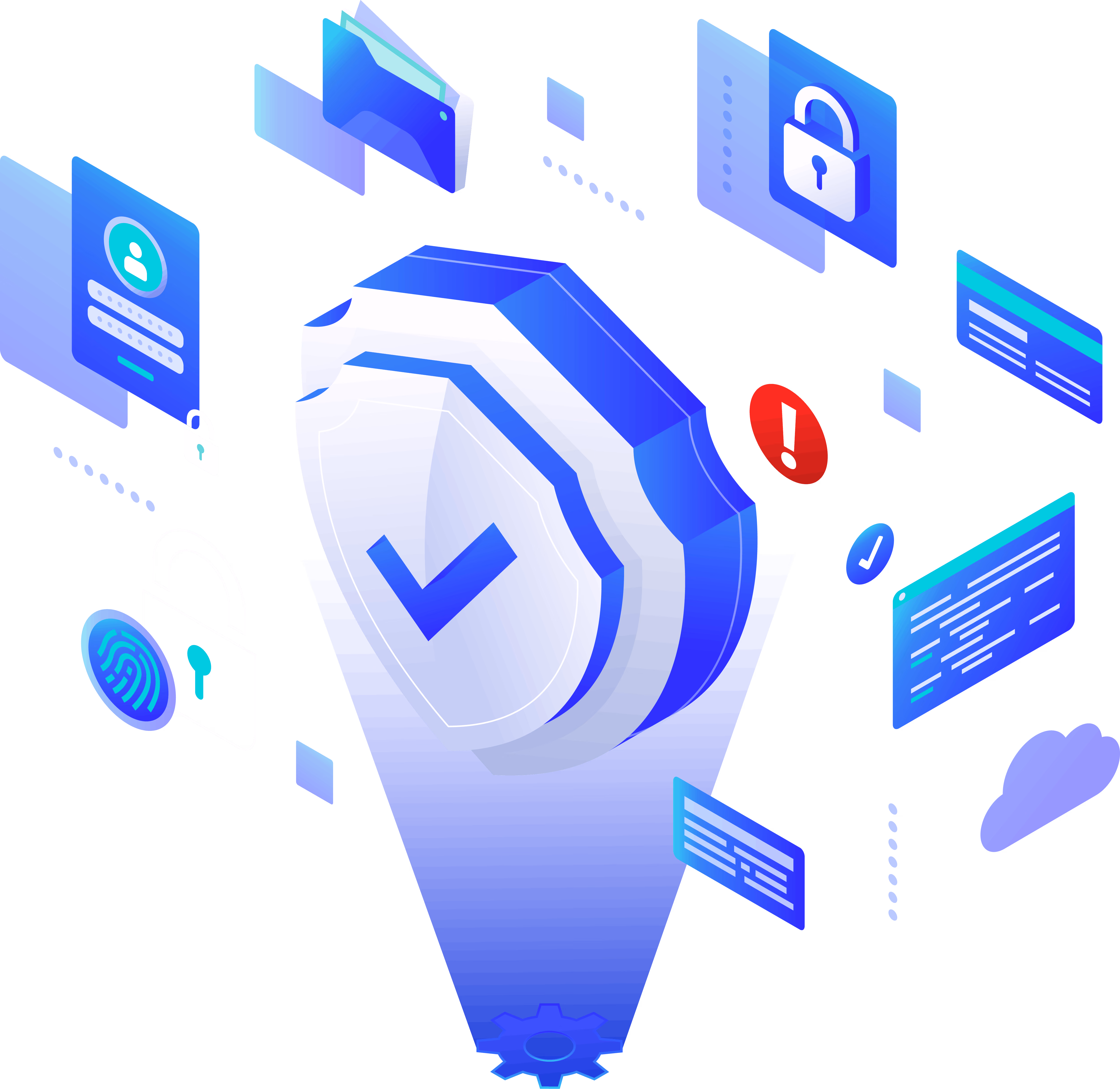 3D shield with a check mark surrounded by digital icons of security elements including locks, fingerprint, user login, folders, warning, code, and cloud.