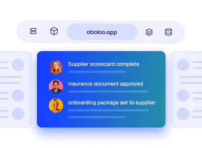 Software interface showing oboloo.app with notifications: supplier scorecard complete, insurance document approved, onboarding package set to supplier.