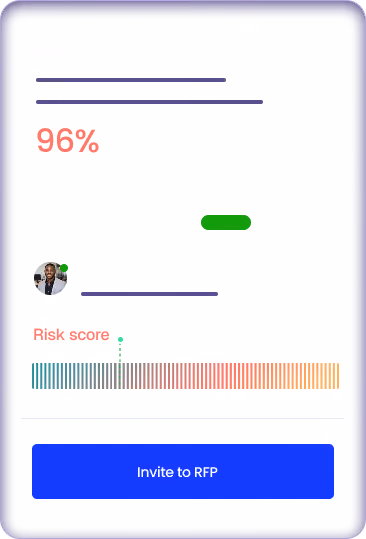 Mobile screen showing a 96% risk score with a color bar ranging from green to red and a blue button labeled 'Invite to RFP'.