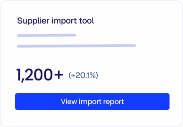 Card showing Supplier import tool with over 1,200 imports and a 20.1% increase, plus a blue button labeled View import report.