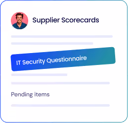 User profile icon with title Supplier Scorecards and a highlighted blue tab labeled IT Security Questionnaire, followed by a section titled Pending items.