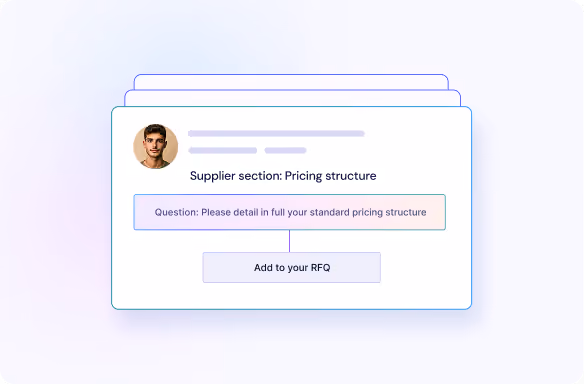 User interface card showing a supplier section titled 'Pricing structure' with a question about detailing standard pricing and a button labeled 'Add to your RFQ'.