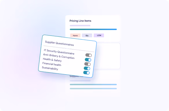Digital interface showing a section titled 'Pricing Line Items' with columns Name, Qty, UOM, and a pop-up titled 'Supplier Questionnaires' listing five items with toggle switches, three of which are enabled.