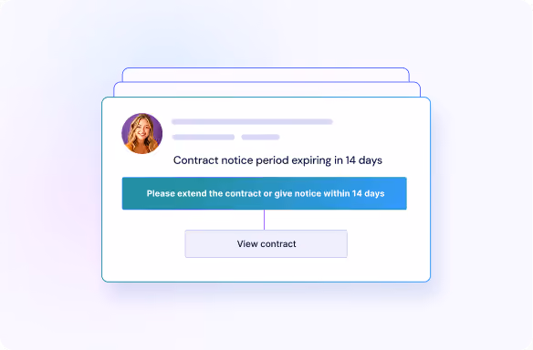 User interface card showing a contract notice expiring in 14 days with options to extend the contract or give notice, and a button to view the contract.