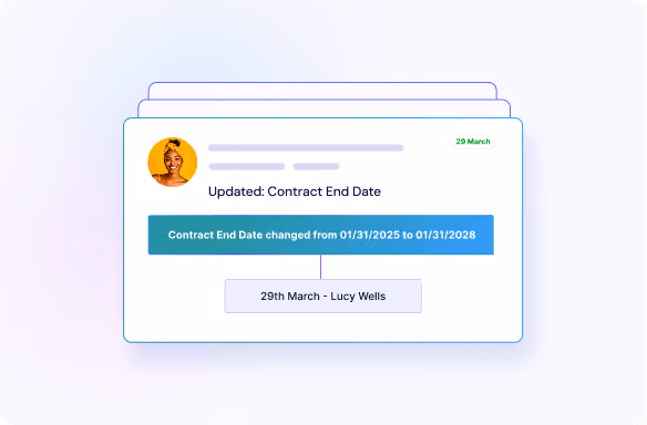 User interface card showing contract end date update from 01/31/2025 to 01/31/2028 with a profile picture of a smiling woman and the date 29th March noted.