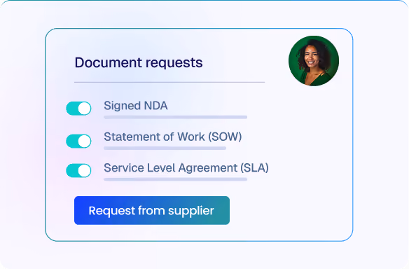 User interface showing document requests with toggles for Signed NDA, Statement of Work, and Service Level Agreement, and a blue button labeled Request from supplier.
