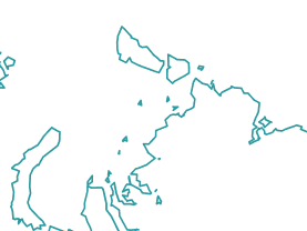 Outline map of a region with irregular coastlines and several islands in turquoise on a black background.