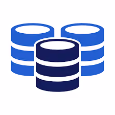 Icon showing three stacked database cylinders, two in blue and one in dark blue in front.