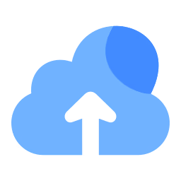 Icon of a black upload arrow pointing up into a blue cloud with a darker blue circle overlapping the cloud.