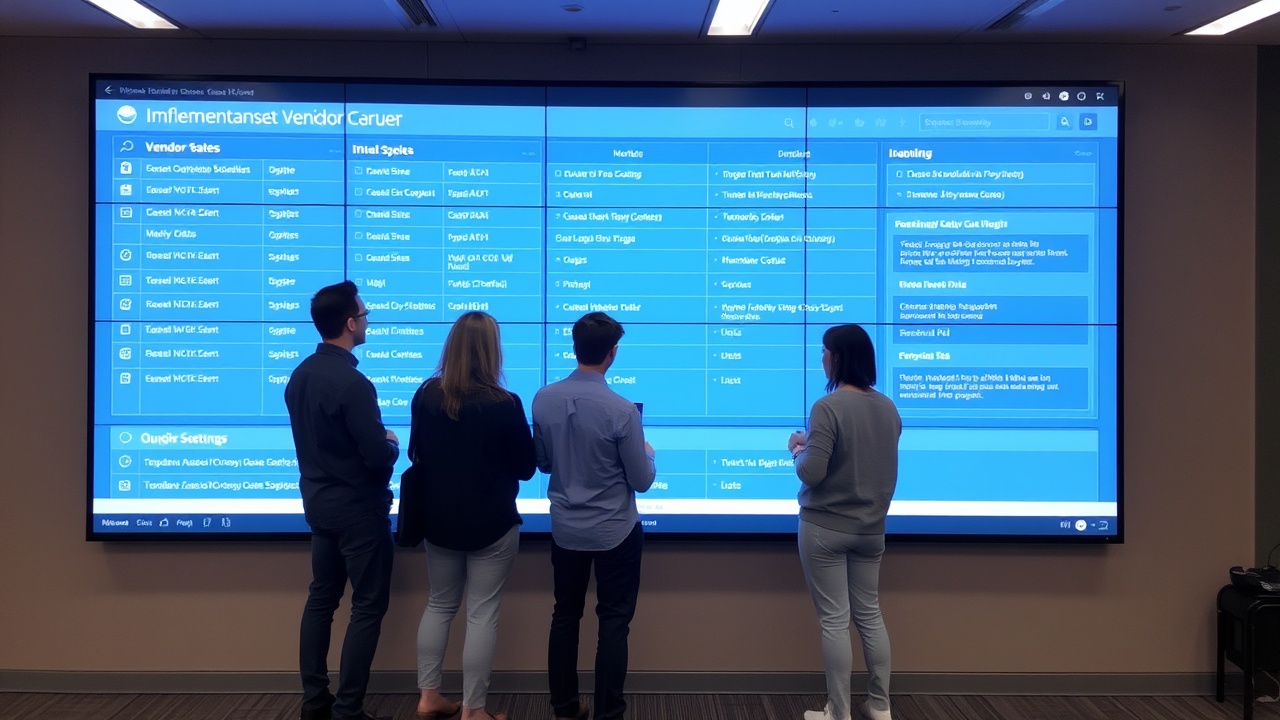 A small team beside a large wall screen showing vendor data and implementation steps