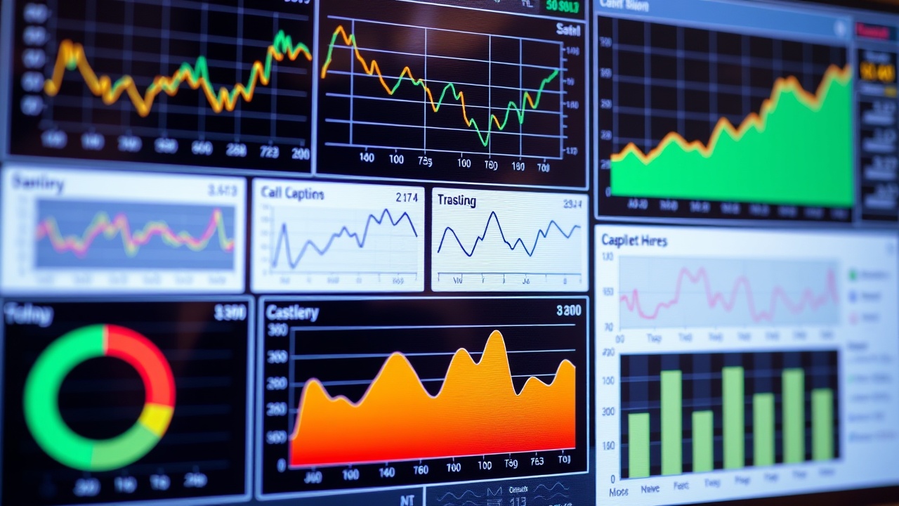 Graphs and charts shown on a digital display, indicating performance metrics.