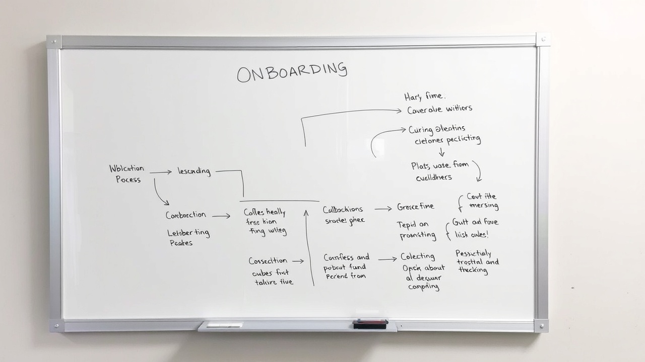 A flowchart illustrating the onboarding process on a whiteboard.