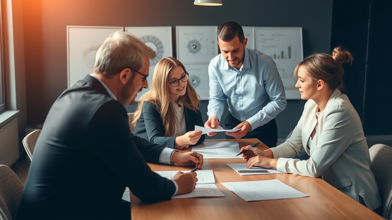 A team of professionals discussing documents around a table.