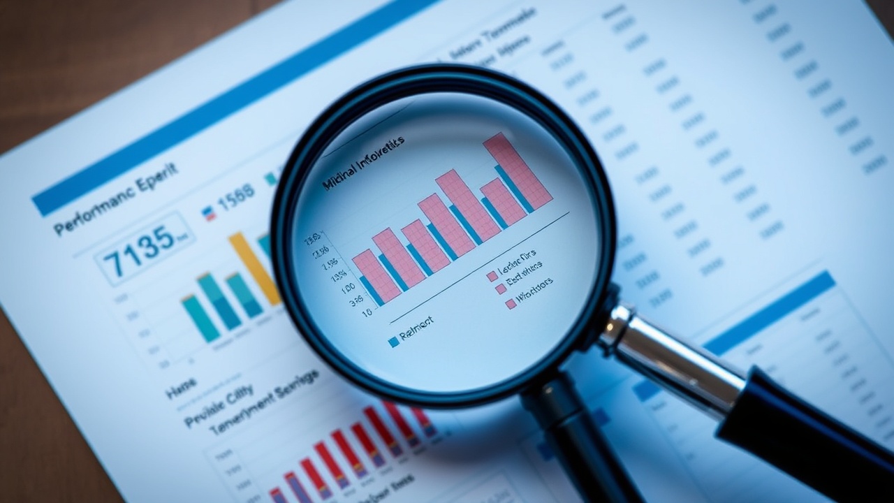A magnifying glass hovers over a report with various performance metrics.