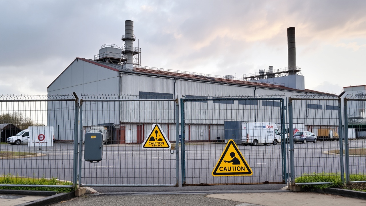 A factory building with a yellow caution sign on its gate