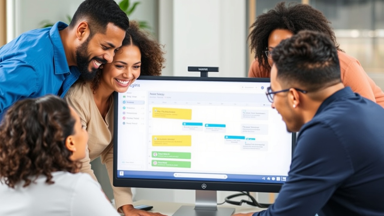 A smiling team gathers around a monitor that highlights a workflow chart and deadline alerts.