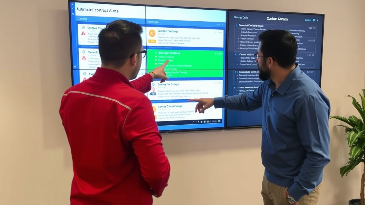 Two colleagues point at a large monitor displaying automated contract alerts.