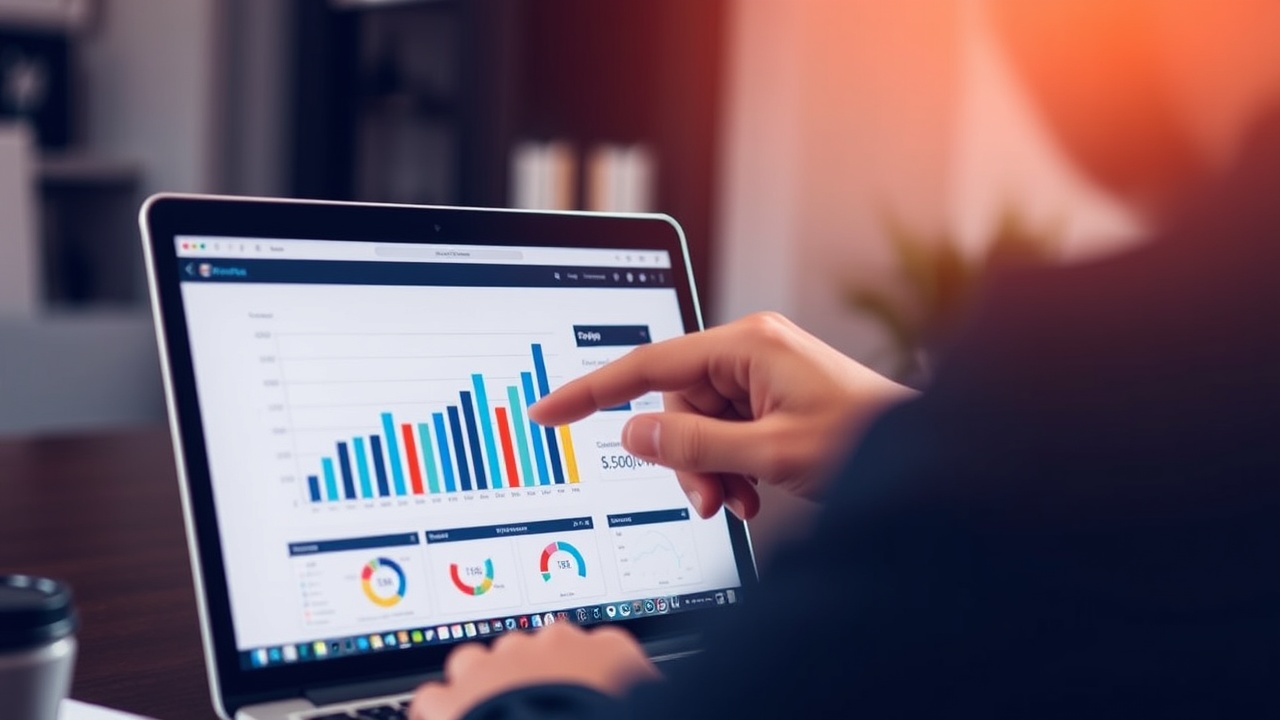 A person pointing at a bar chart on a laptop screen