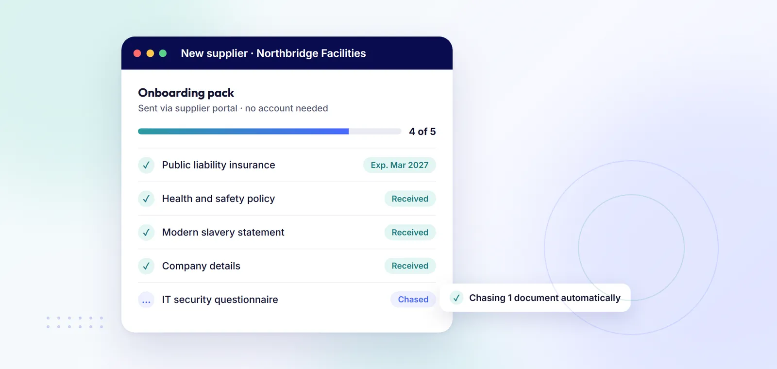 Supplier onboarding pack with insurance, policies and questionnaires tracked