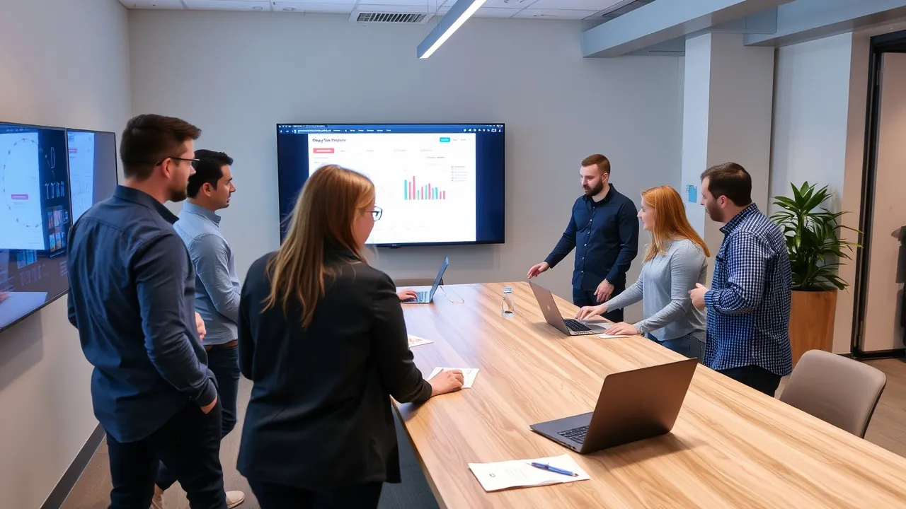 Procurement team reviewing supplier dashboards on wall screens in a meeting room