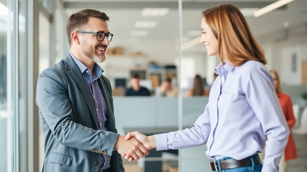 Buyer and supplier shaking hands in an office